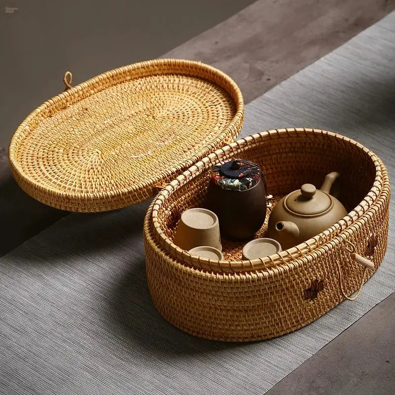 Elegant Handwoven Rattan Storage Box with Handle - Multi-Purpose Organizer Brownstick