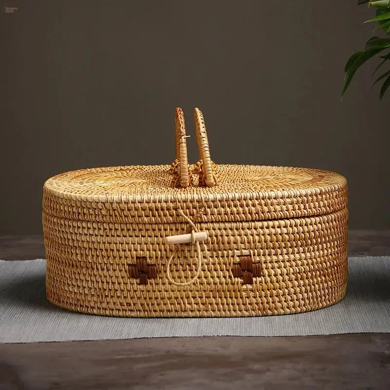 Elegant Handwoven Rattan Storage Box with Handle - Multi-Purpose Organizer Brownstick