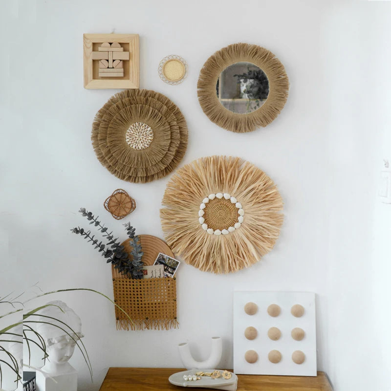 Nordic Straw Mirror – Raffia Shell Boho Wall Decor Sets Brownstick