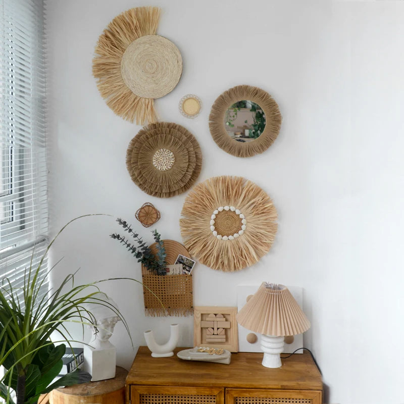 Nordic Straw Mirror – Raffia Shell Boho Wall Decor Sets Brownstick