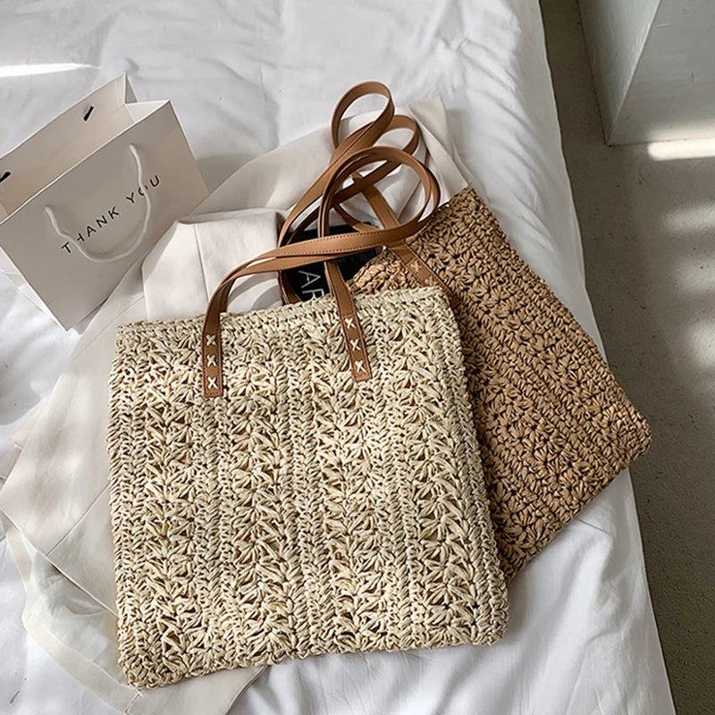 Handmade Summer Tote Hollow Out Straw Shoulder Bag Brownstick