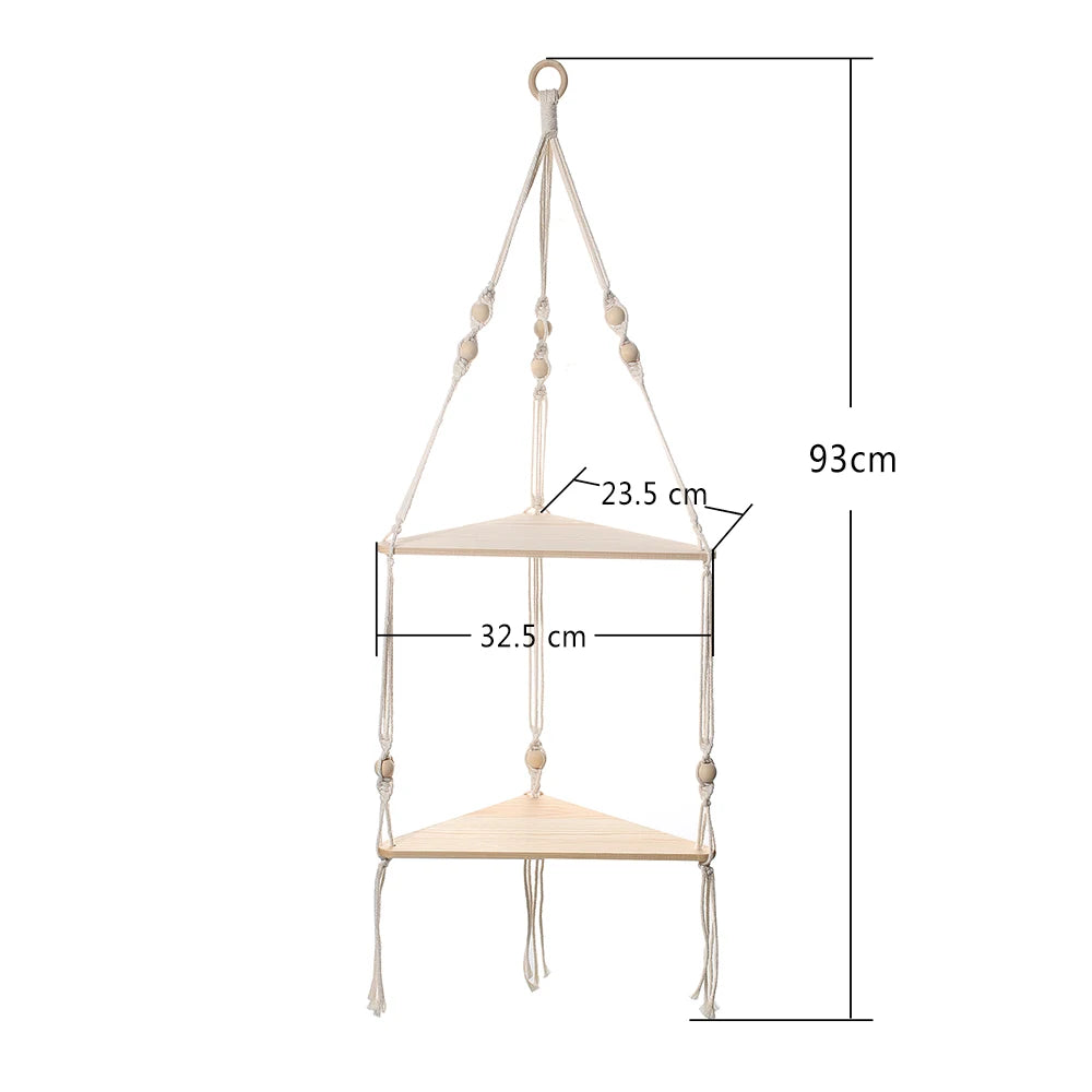 Macrame Corner Wall Shelf – Boho Triangle Shelf with Rope Hanger Brownstick