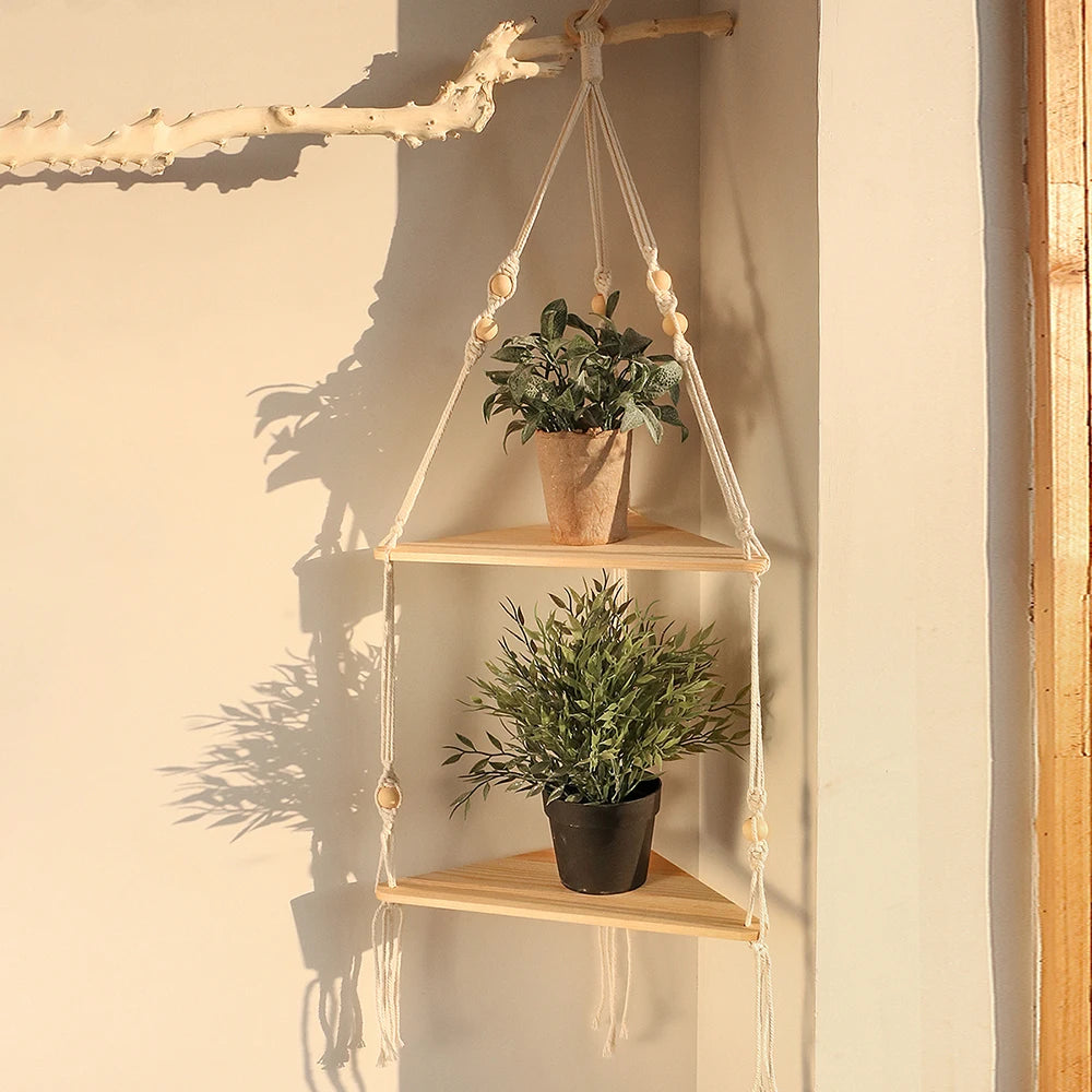 Macrame Corner Wall Shelf – Boho Triangle Shelf with Rope Hanger Brownstick