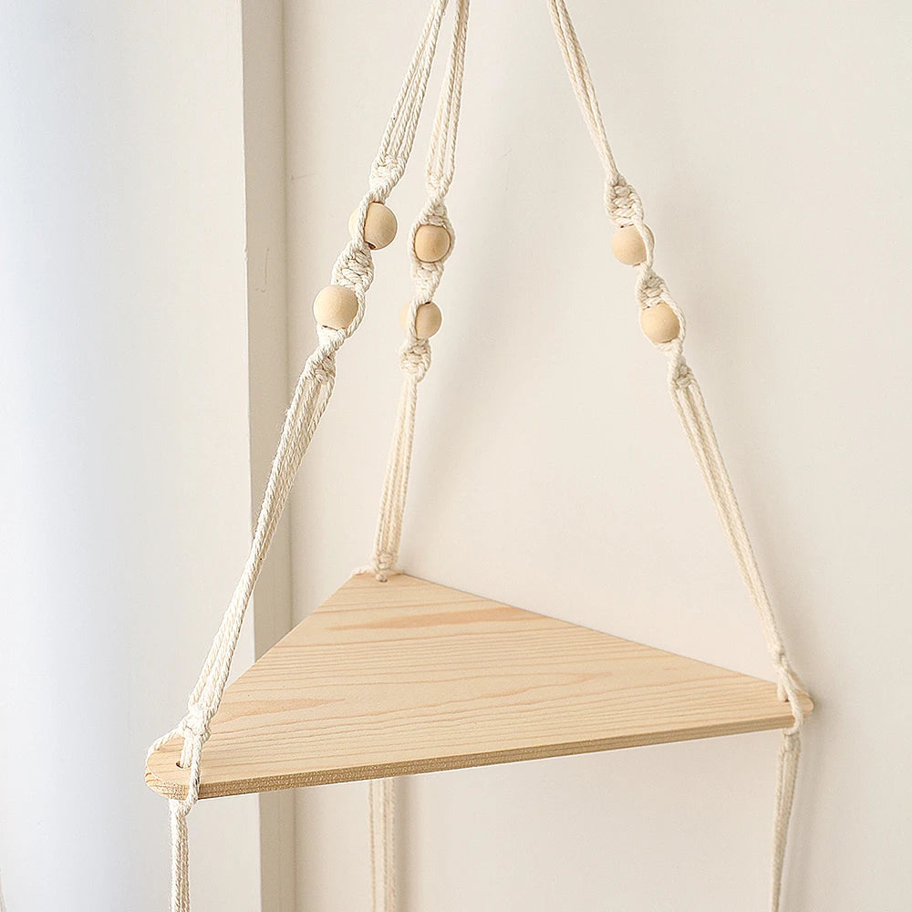 Macrame Corner Wall Shelf – Boho Triangle Shelf with Rope Hanger Brownstick
