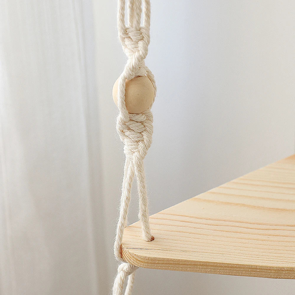 Macrame Corner Wall Shelf – Boho Triangle Shelf with Rope Hanger Brownstick