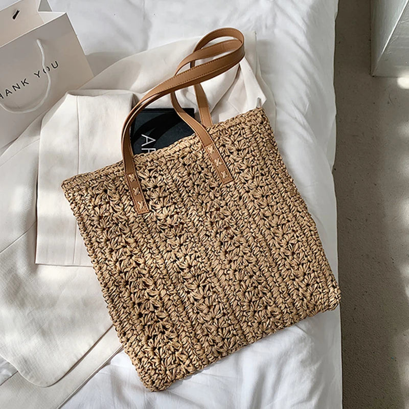 Handmade Summer Tote Hollow Out Straw Shoulder Bag Brownstick