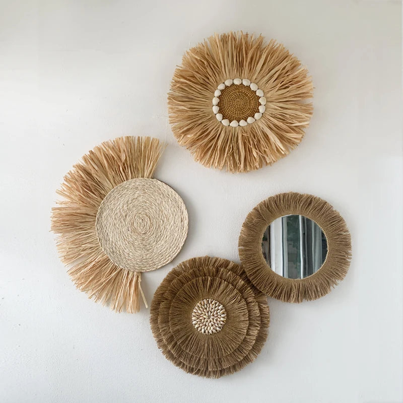 Nordic Straw Mirror – Raffia Shell Boho Wall Decor Sets Brownstick
