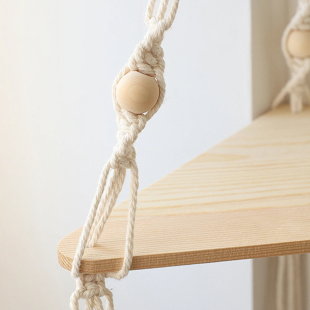 Macrame Corner Wall Shelf – Boho Triangle Shelf with Rope Hanger Brownstick