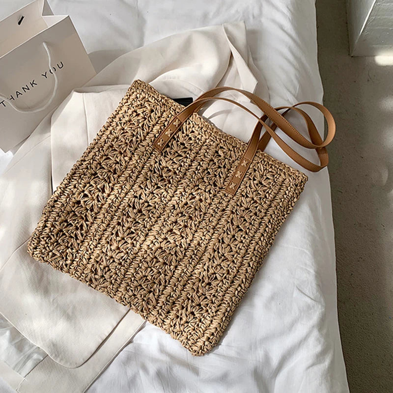 Handmade Summer Tote Hollow Out Straw Shoulder Bag Brownstick