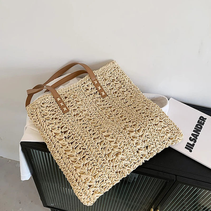 Handmade Summer Tote Hollow Out Straw Shoulder Bag Brownstick