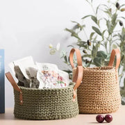 Hand-Knitted Cotton Rope Storage Basket with Leather Handle Brownstick