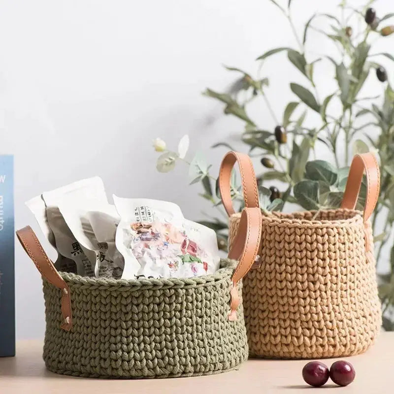 Hand-Knitted Cotton Rope Storage Basket with Leather Handle Brownstick