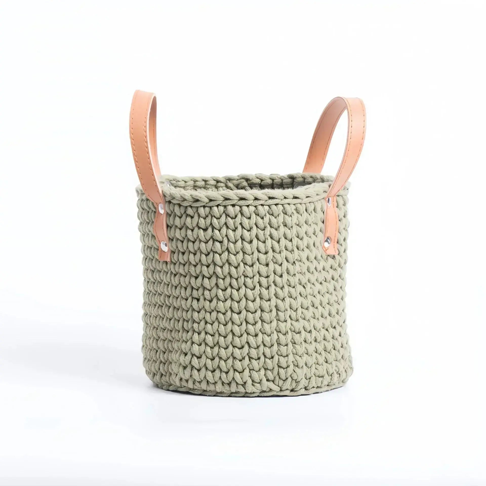 Hand-Knitted Cotton Rope Storage Basket with Leather Handle Brownstick