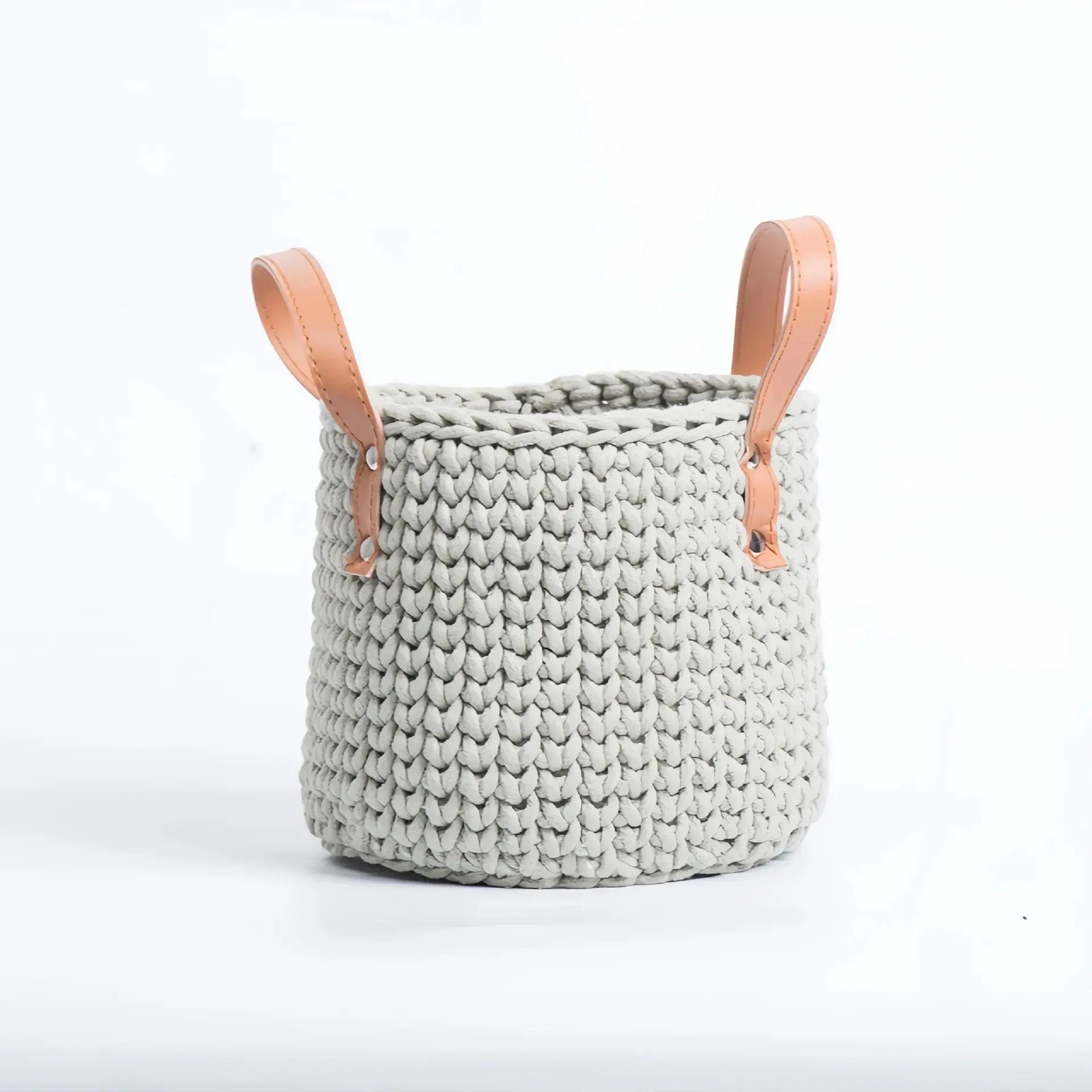 Hand-Knitted Cotton Rope Storage Basket with Leather Handle Brownstick