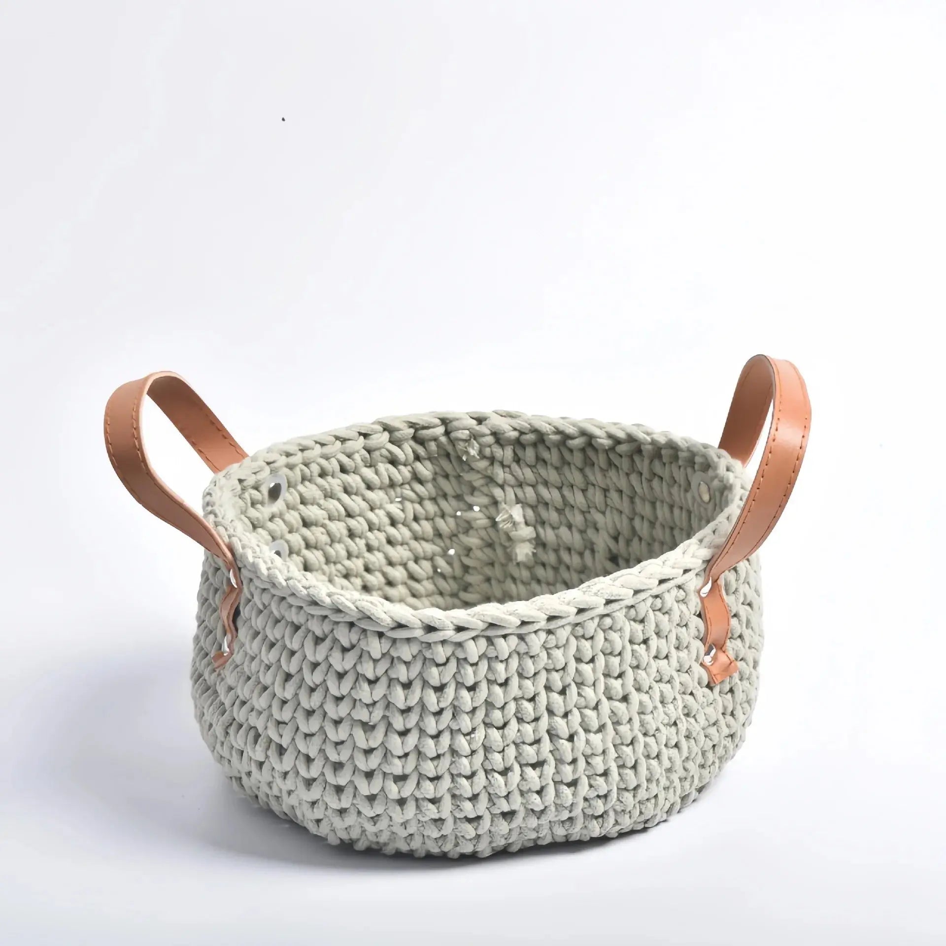 Hand-Knitted Cotton Rope Storage Basket with Leather Handle Brownstick