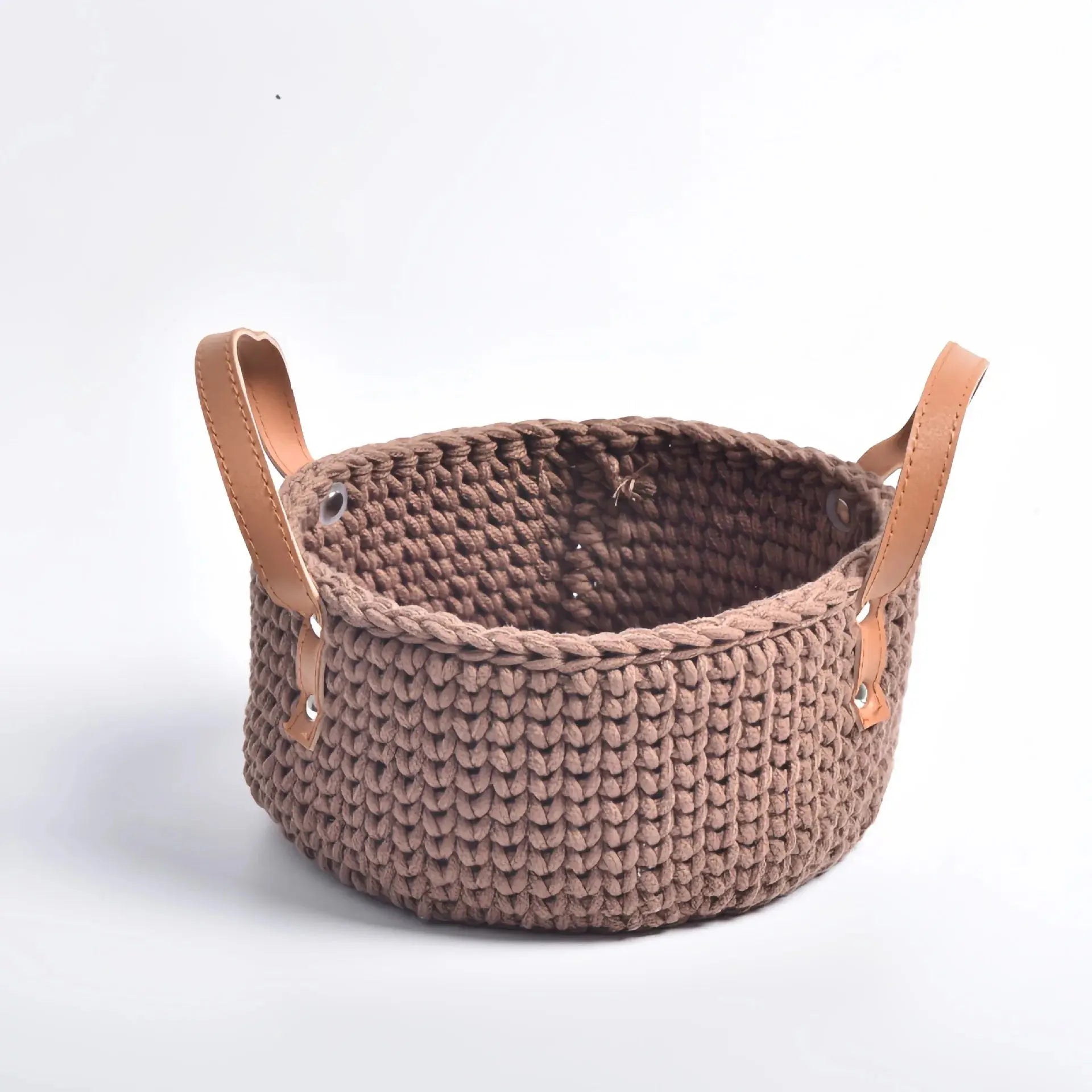 Hand-Knitted Cotton Rope Storage Basket with Leather Handle Brownstick