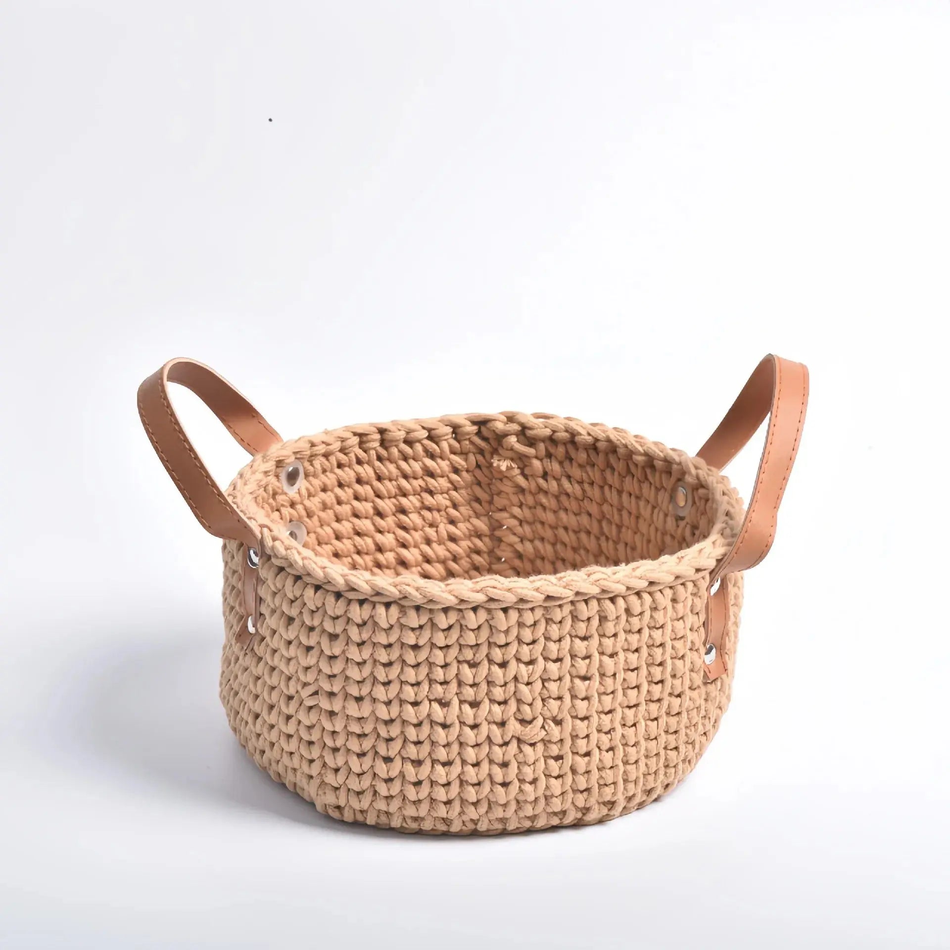 Hand-Knitted Cotton Rope Storage Basket with Leather Handle Brownstick