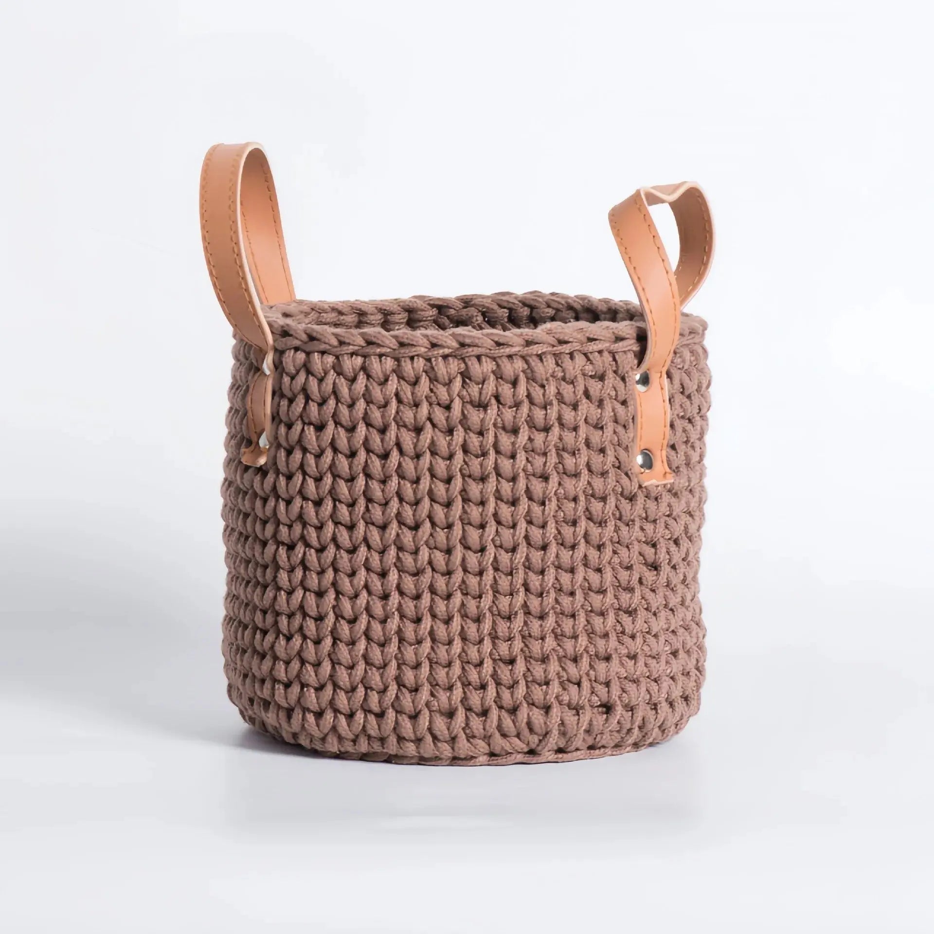Hand-Knitted Cotton Rope Storage Basket with Leather Handle Brownstick