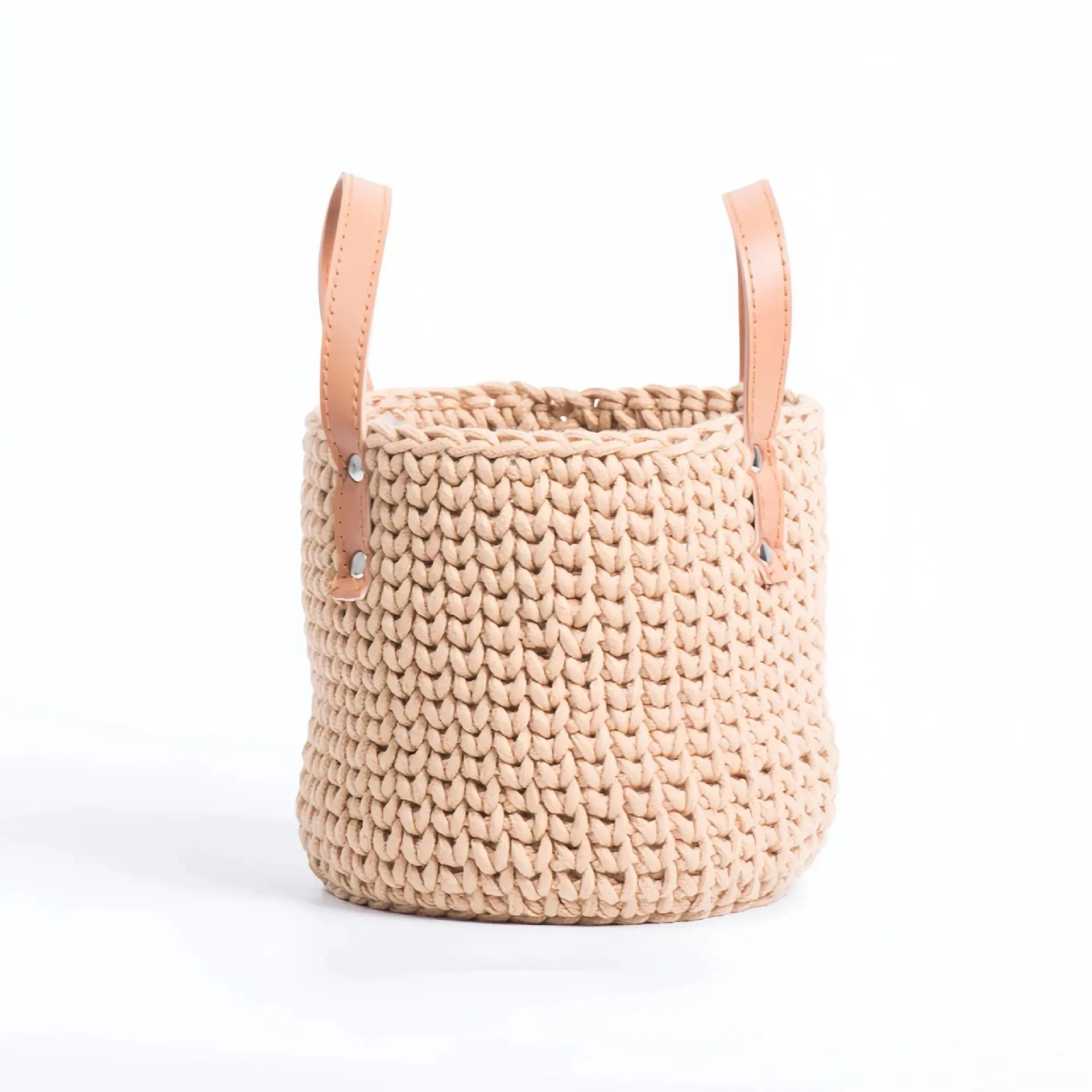 Hand-Knitted Cotton Rope Storage Basket with Leather Handle Brownstick