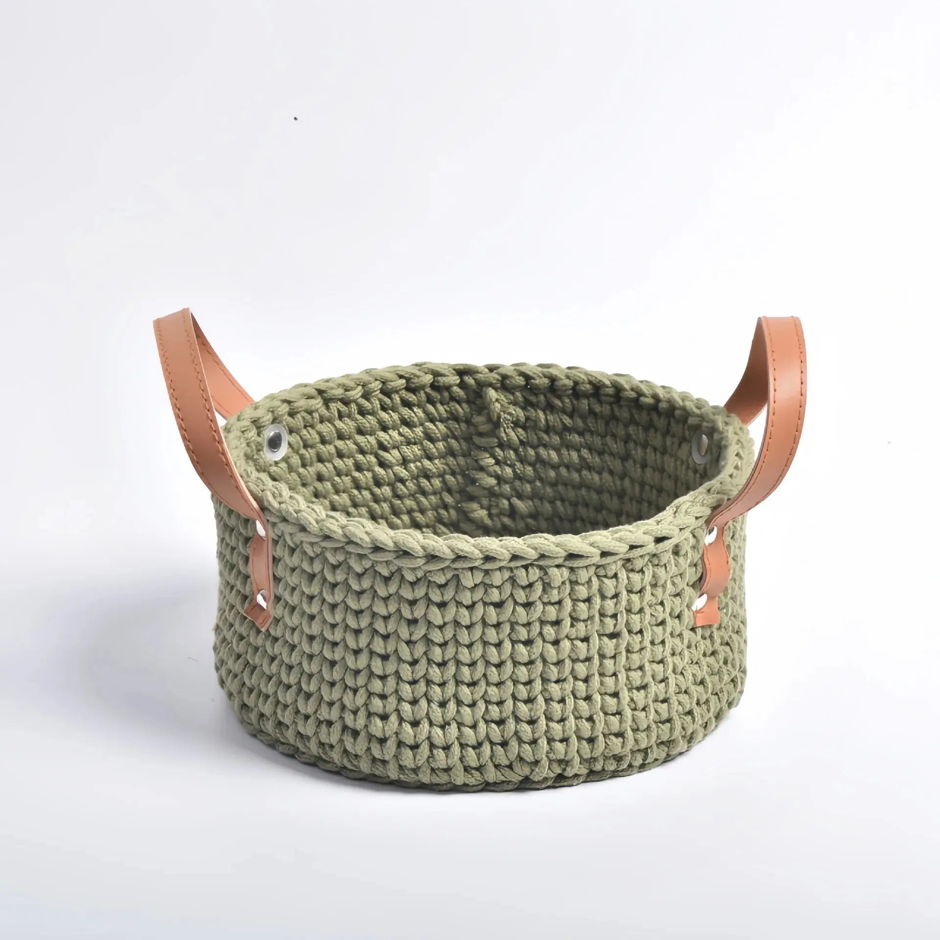Hand-Knitted Cotton Rope Storage Basket with Leather Handle Brownstick