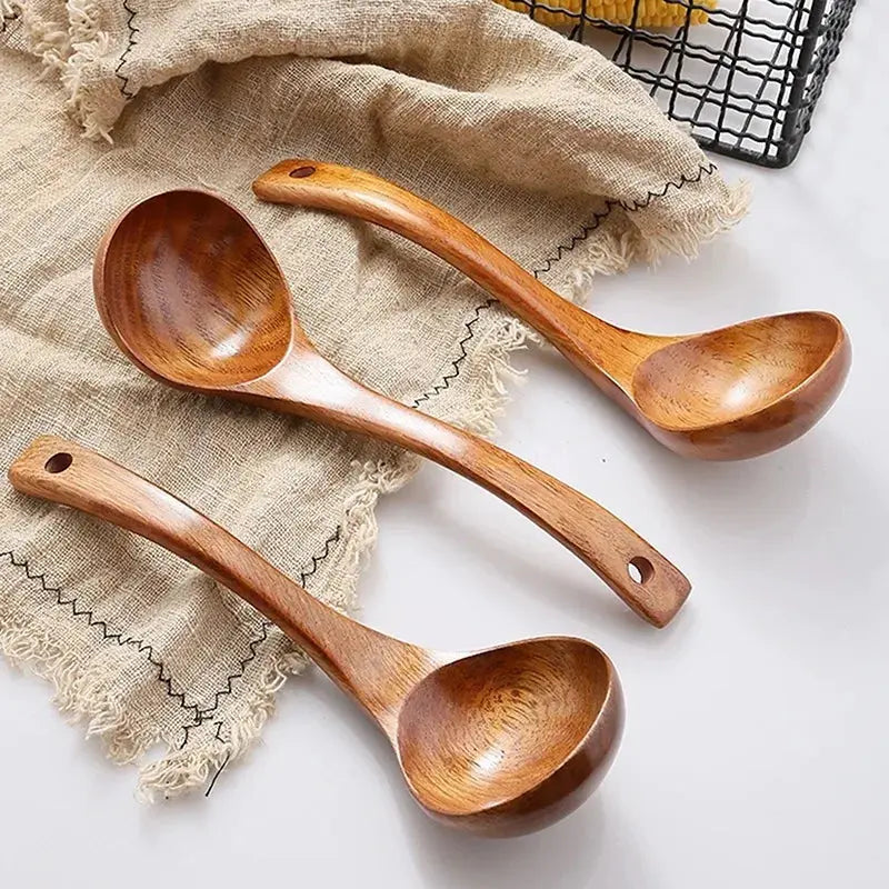 Handcrafted Wooden Soup Spoon – Long Handle Solid Wood Cooking Utensil Brownstick