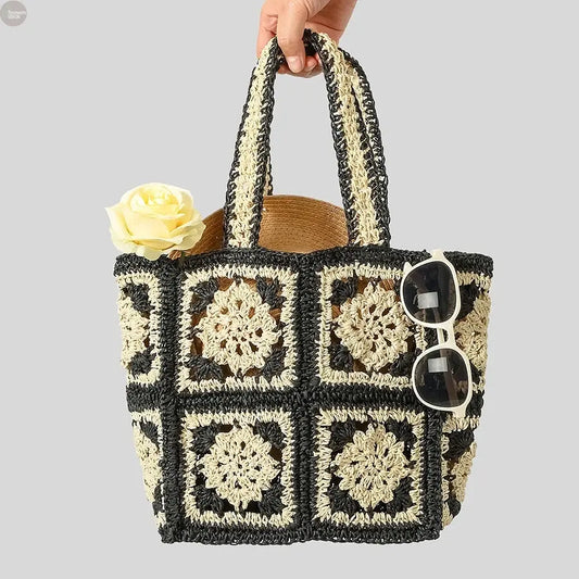 Handmade Crochet Woven Bohemian Square Straw Tote Bag Brownstick