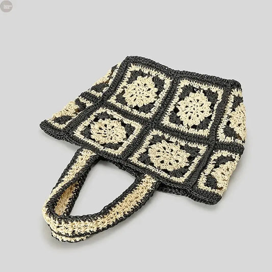 Handmade Crochet Woven Bohemian Square Straw Tote Bag Brownstick