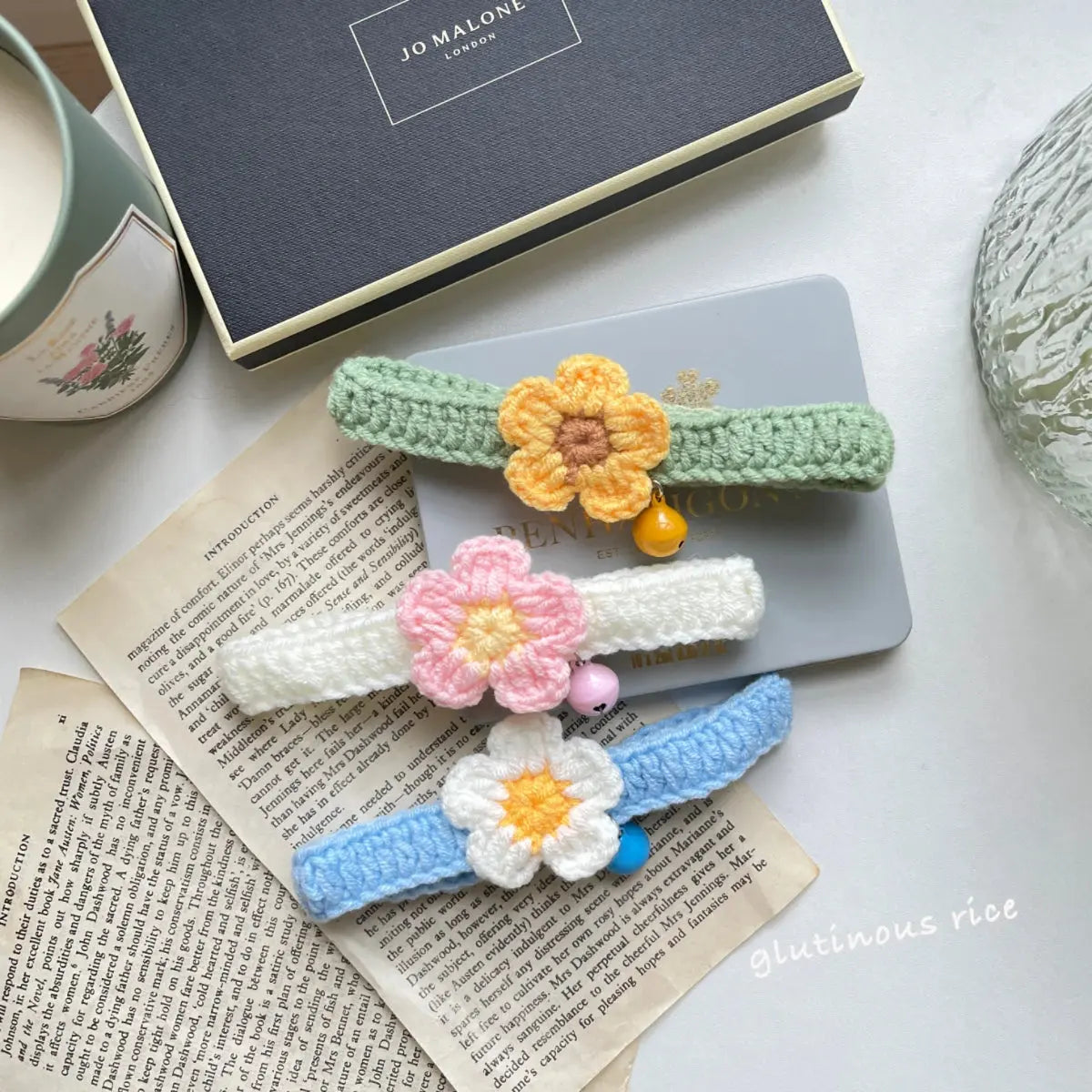 Handmade Flower Pet Collar with Bell – Wool Knit for Pets Brownstick