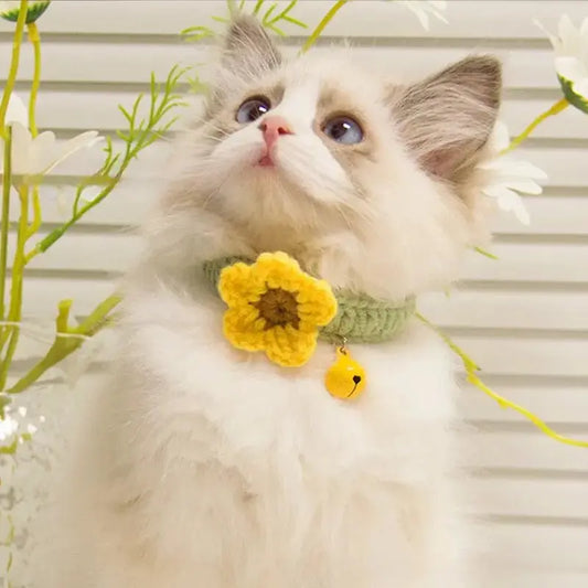 Handmade Knitted Collar Necklace with Flower and Bell for Cats and Dogs - Brownstick