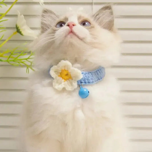 Handmade Knitted Collar Necklace with Flower and Bell for Cats and Dogs - Brownstick