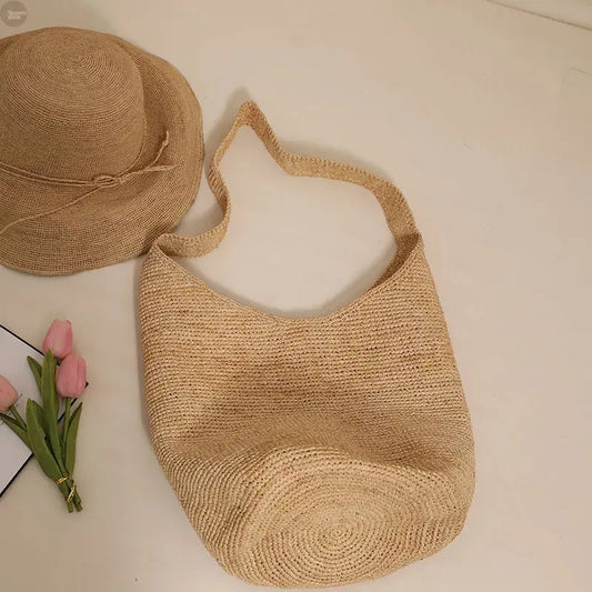 Handmade Raffia Beach Tote Bag Brownstick