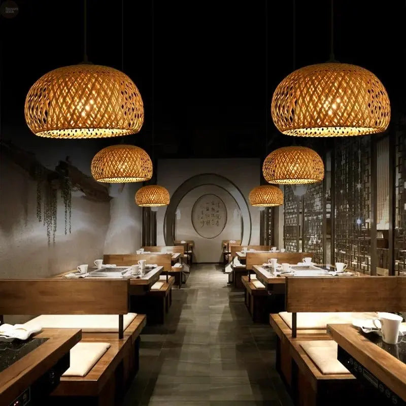 Handmade Vintage Hand Knitted Bamboo Pendant Lamp - Brownstick