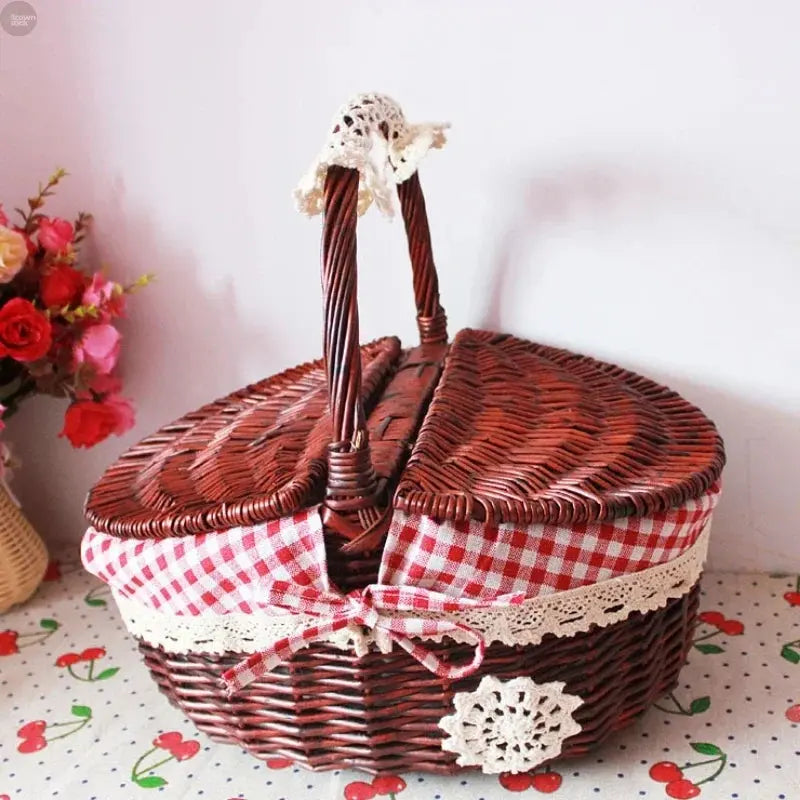 Handmade Wicker Picnic Basket with Handle – Willow Storage Hamper Brownstick