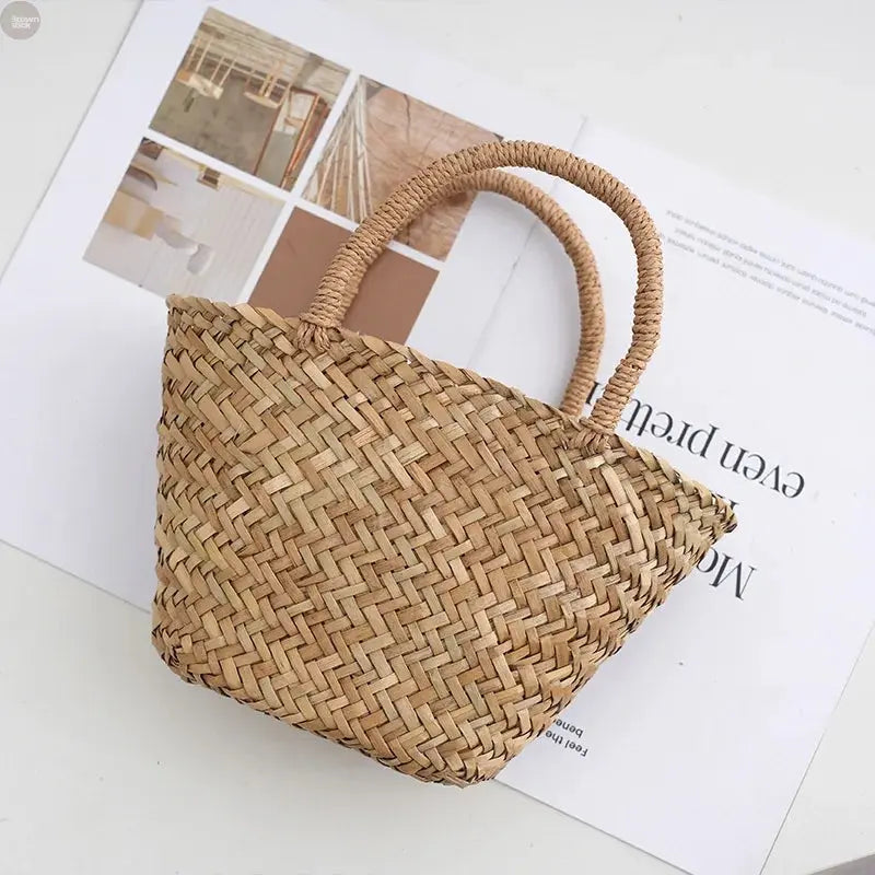Handmade Wicker Rattan Mini Bag – Boho Straw Bucket Tote for Travel & Beach Brownstick