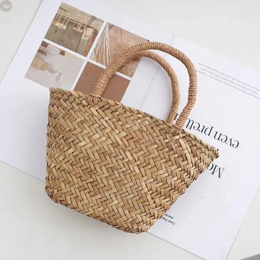 Handmade Wicker Rattan Mini Bag – Boho Straw Bucket Tote for Travel & Beach Brownstick