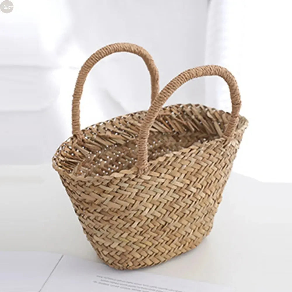 Handmade Wicker Rattan Mini Bag – Boho Straw Bucket Tote for Travel & Beach Brownstick
