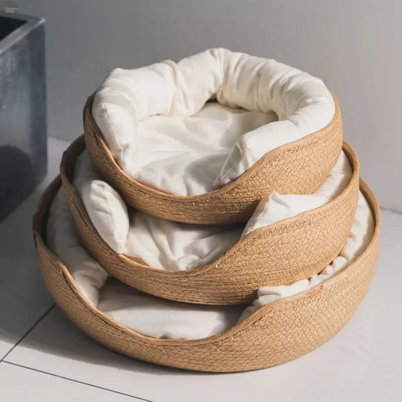 Handwoven Bamboo Pet Bed with Removable Cushion – Cat & Puppy Cozy Nest Brownstick