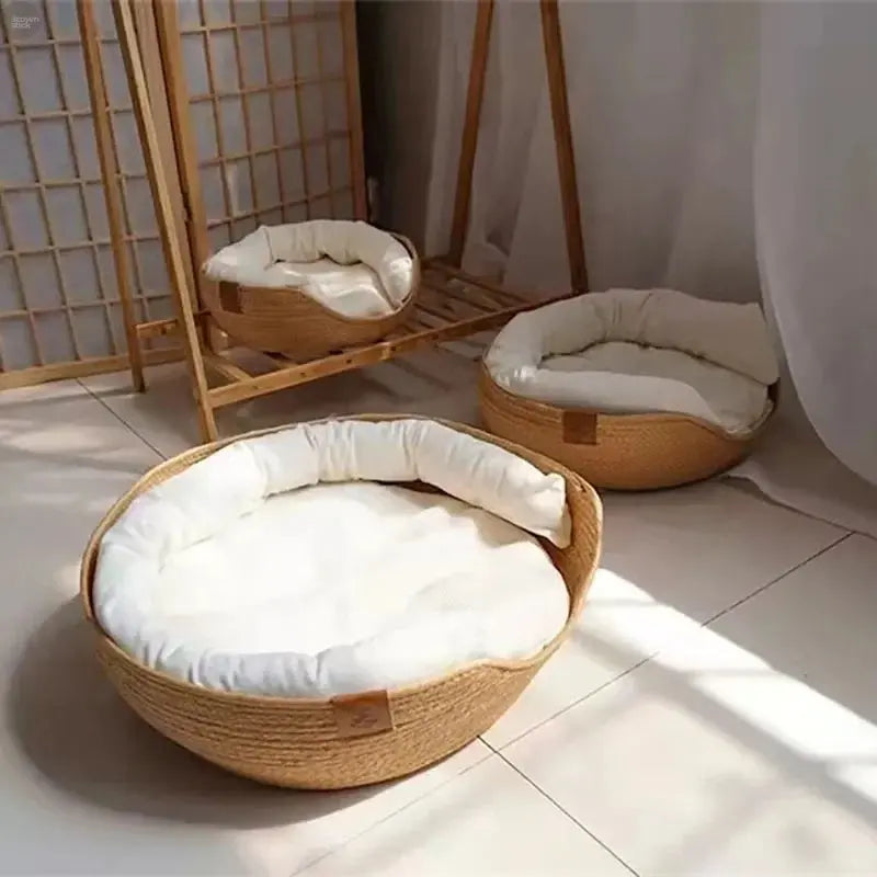 Handwoven Bamboo Pet Bed with Removable Cushion – Cat & Puppy Cozy Nest Brownstick
