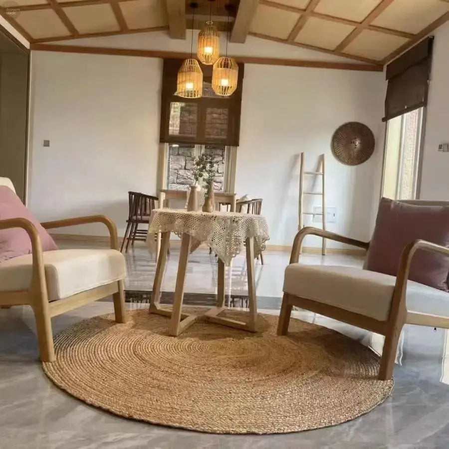 Handwoven Natural Straw Round Rug – Eco-Friendly Carpet for Home Decor Brownstick
