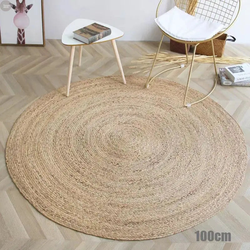 Handwoven Natural Straw Round Rug – Eco-Friendly Carpet for Home Decor Brownstick