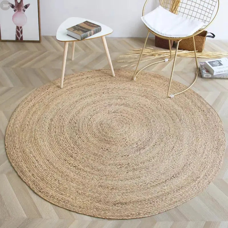 Handwoven Natural Straw Round Rug – Eco-Friendly Carpet for Home Decor Brownstick