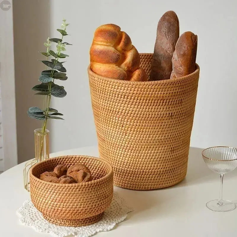 Handwoven Rattan Basket Round Storage Bucket Bread - Brownstick