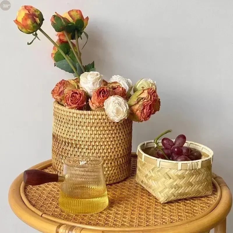 Handwoven Rattan Basket Round Storage Bucket Bread - Brownstick