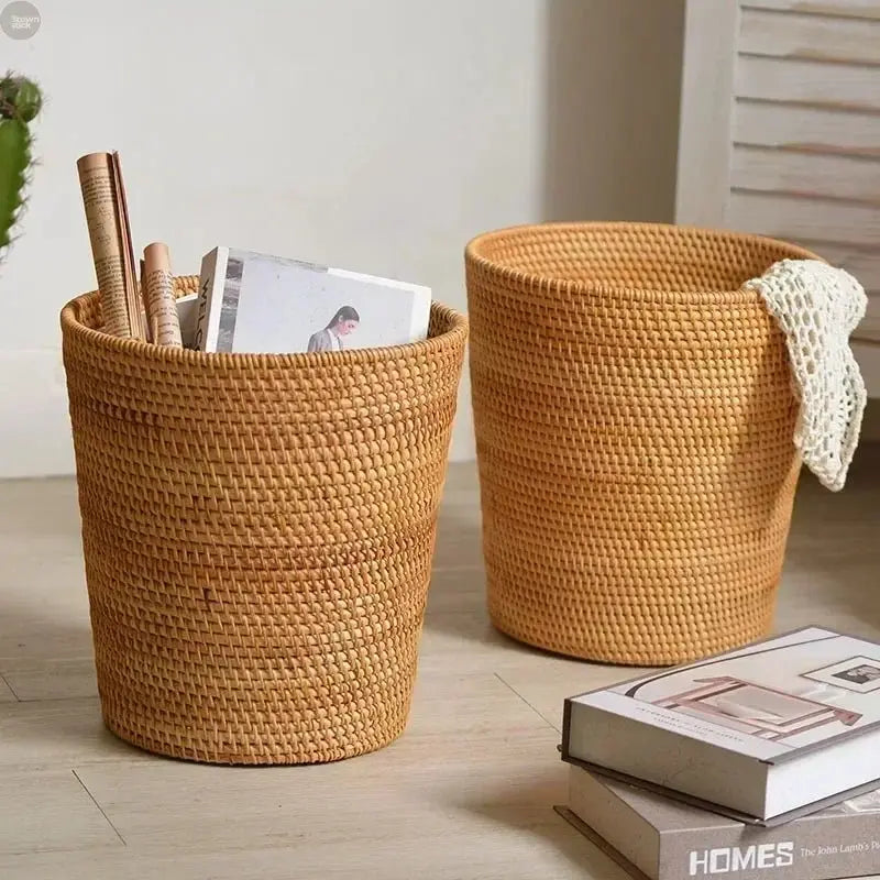 Handwoven Rattan Basket Round Storage Bucket Bread - Brownstick