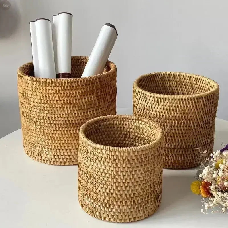 Handwoven Rattan Basket Round Storage Bucket Bread - Brownstick