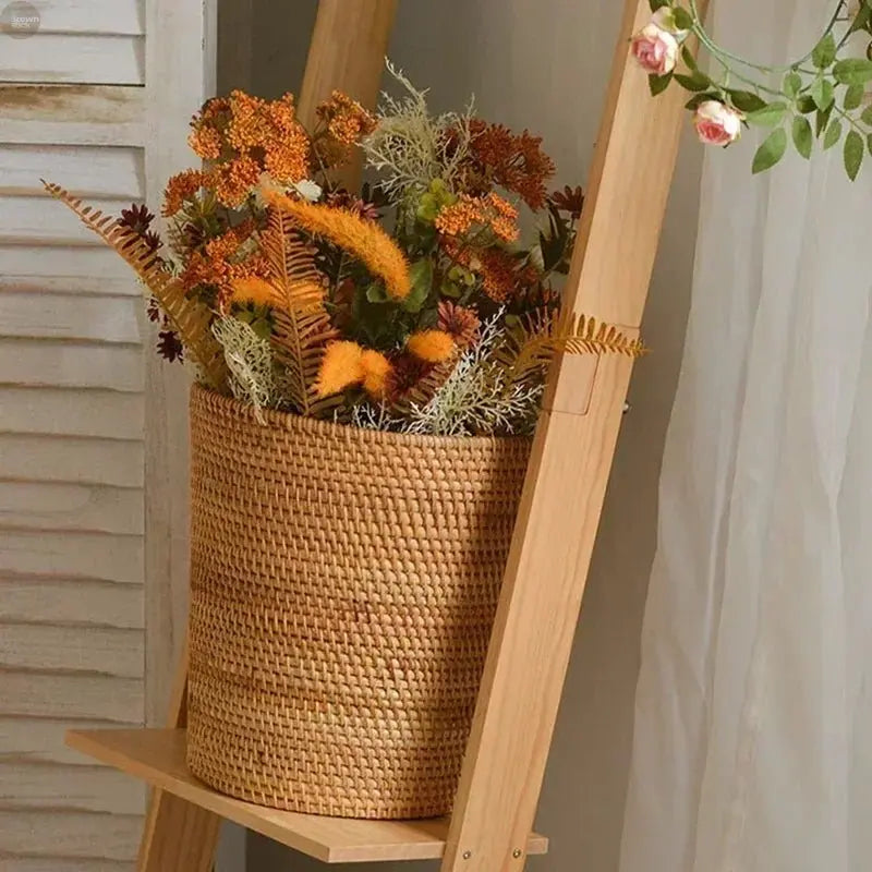 Handwoven Rattan Basket Round Storage Bucket Bread - Brownstick