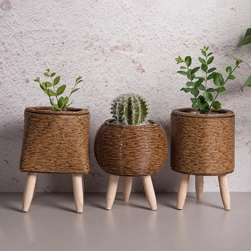 Handwoven Rattan Plant Stand with Pot – Nordic Flower Basket for Home & Garden Brownstick