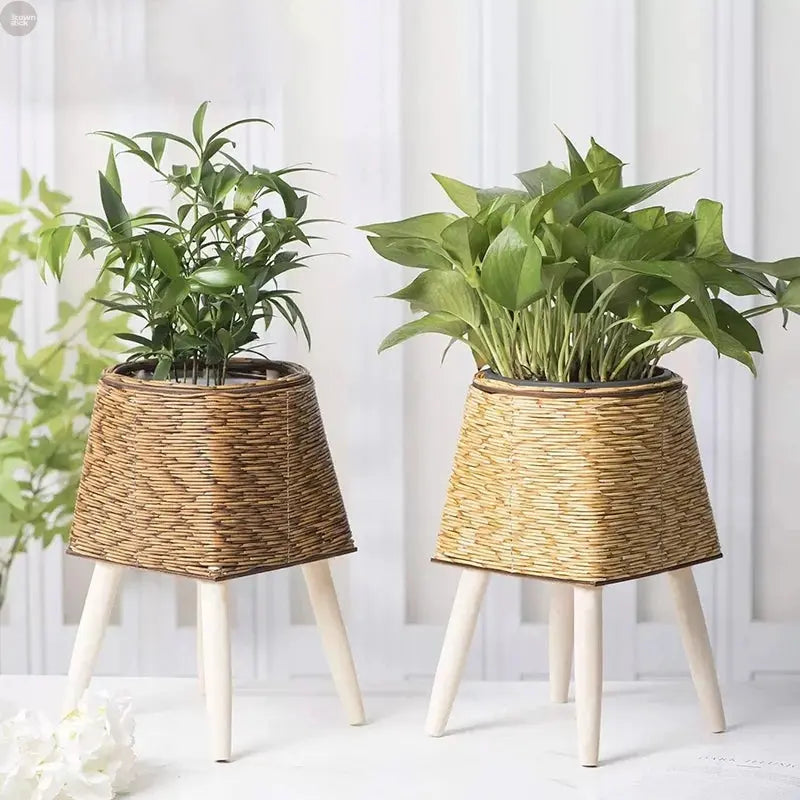 Handwoven Rattan Plant Stand with Pot – Nordic Flower Basket for Home & Garden Brownstick