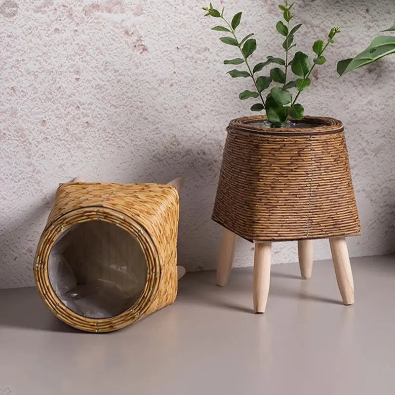 Handwoven Rattan Plant Stand with Pot – Nordic Flower Basket for Home & Garden Brownstick