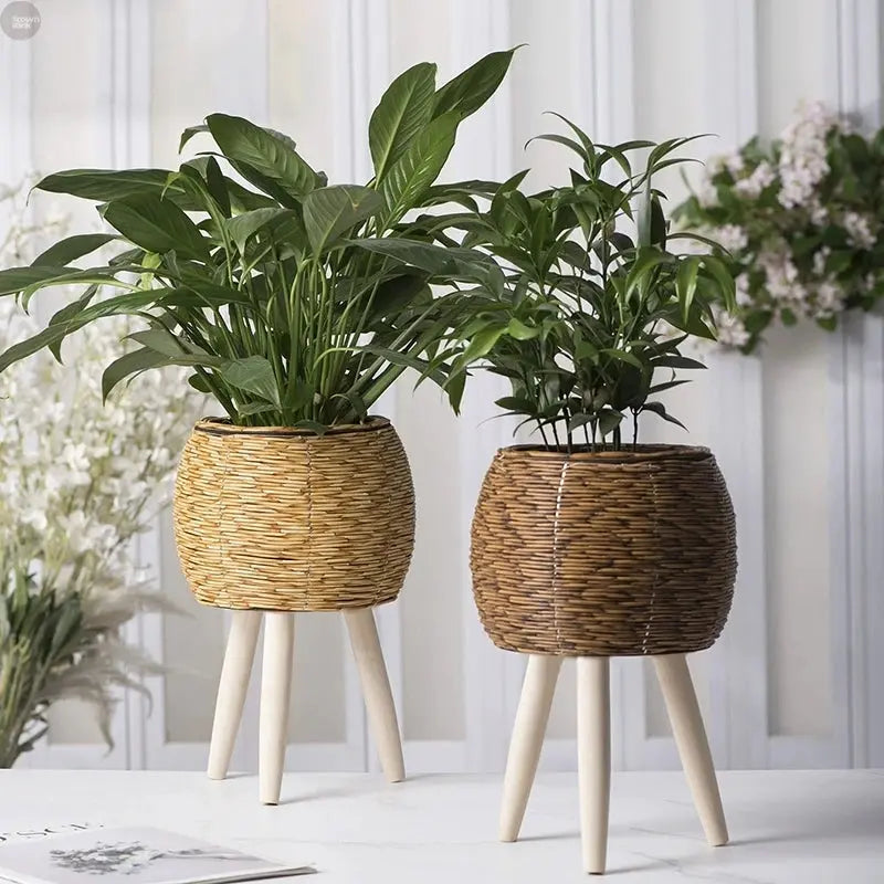 Handwoven Rattan Plant Stand with Pot – Nordic Flower Basket for Home & Garden Brownstick
